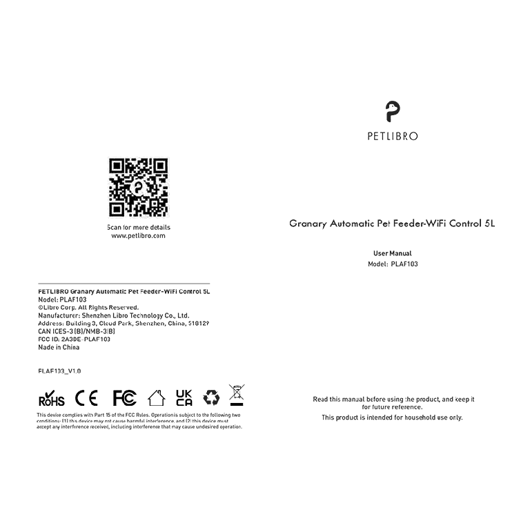 Petlibro PLAF103 5L Granary WiFi Automatic Pet Feeder Manual