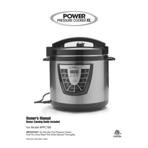 Power Pressure Cooker XL 8QT PPC780 Owner's Manual