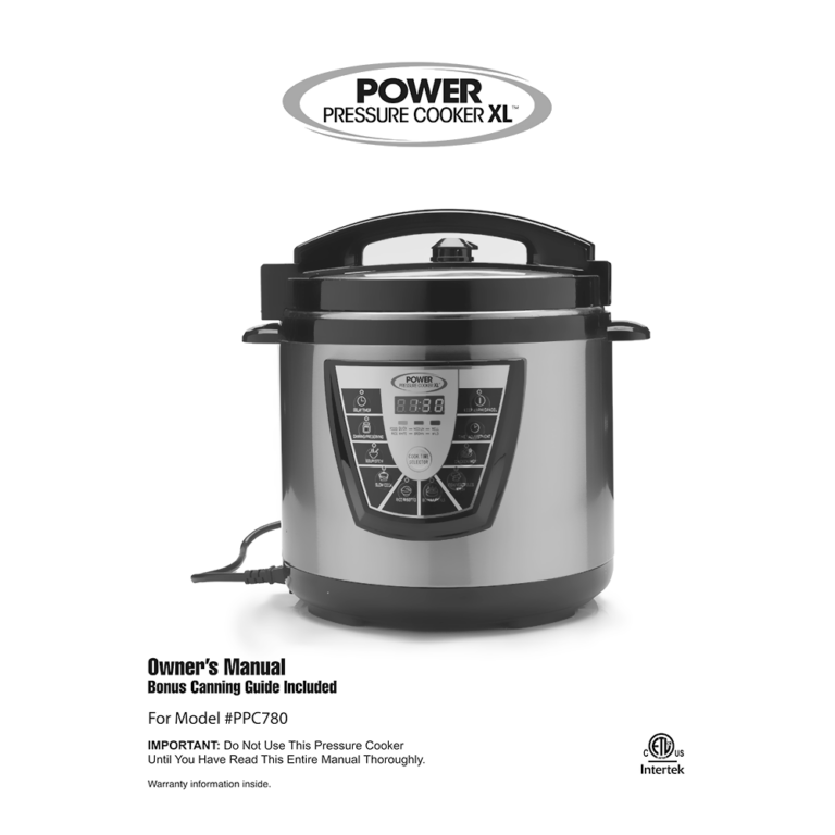 Power Pressure Cooker XL 8quart PPC780 User Manual