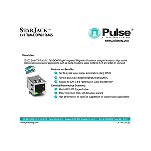 J00-0014 Pulse 10/100 Base-TX RJ45 8-pin Integrated Magnetics Connector Data Sheet