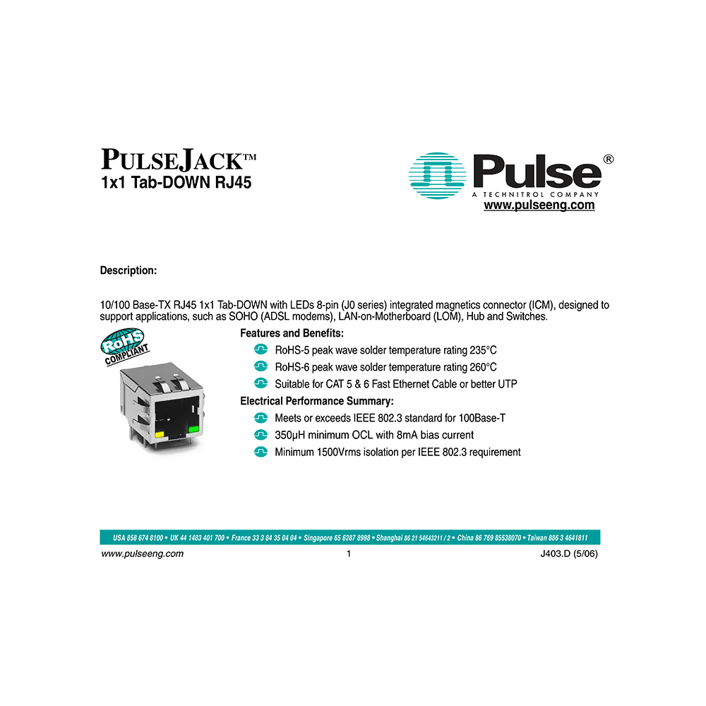 J0006D01B Pulse 10/100 Base-TX RJ45 8-pin Integrated Magnetics Connector Data Sheet