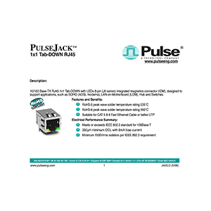 J0011D01B Pulse 10/100 Base-TX RJ45 8-pin Integrated Magnetics Connector Data Sheet