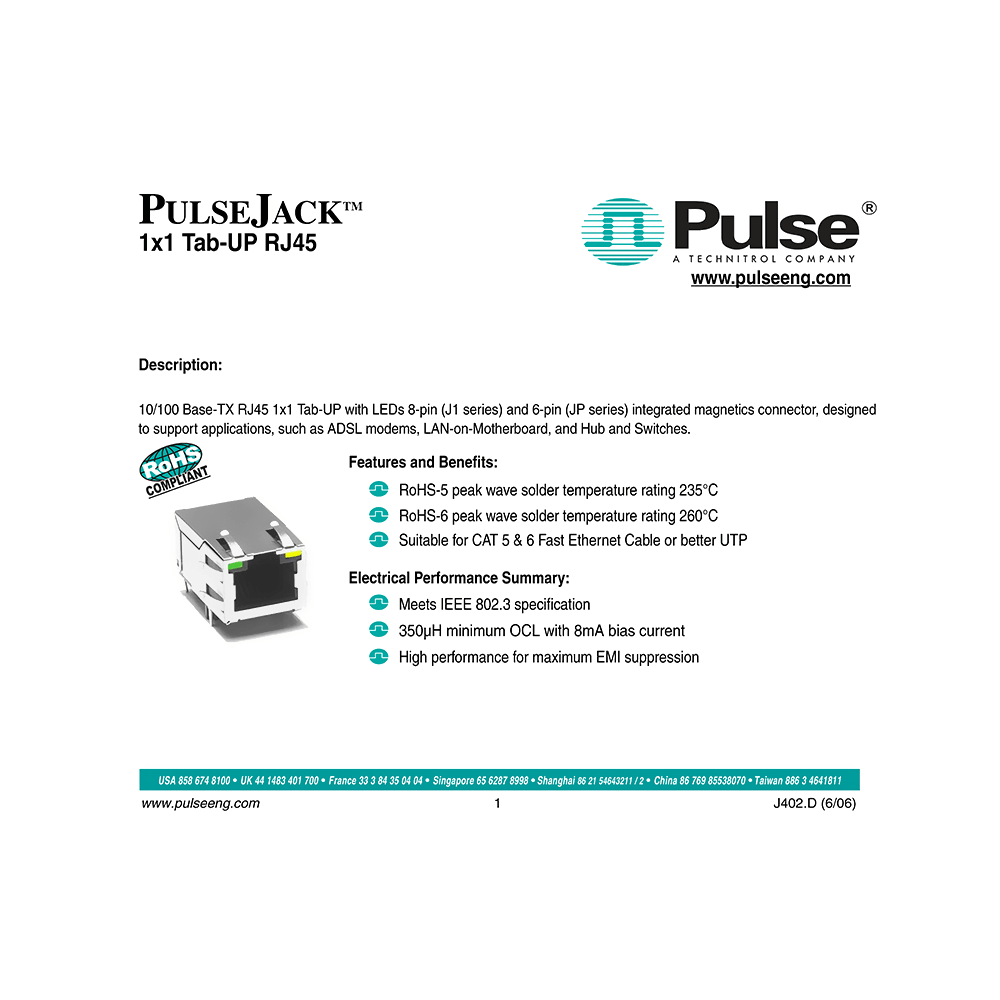 J1006F01P Pulse 10/100 Base-TX RJ45 8-pin Integrated Magnetics Connector Data Sheet