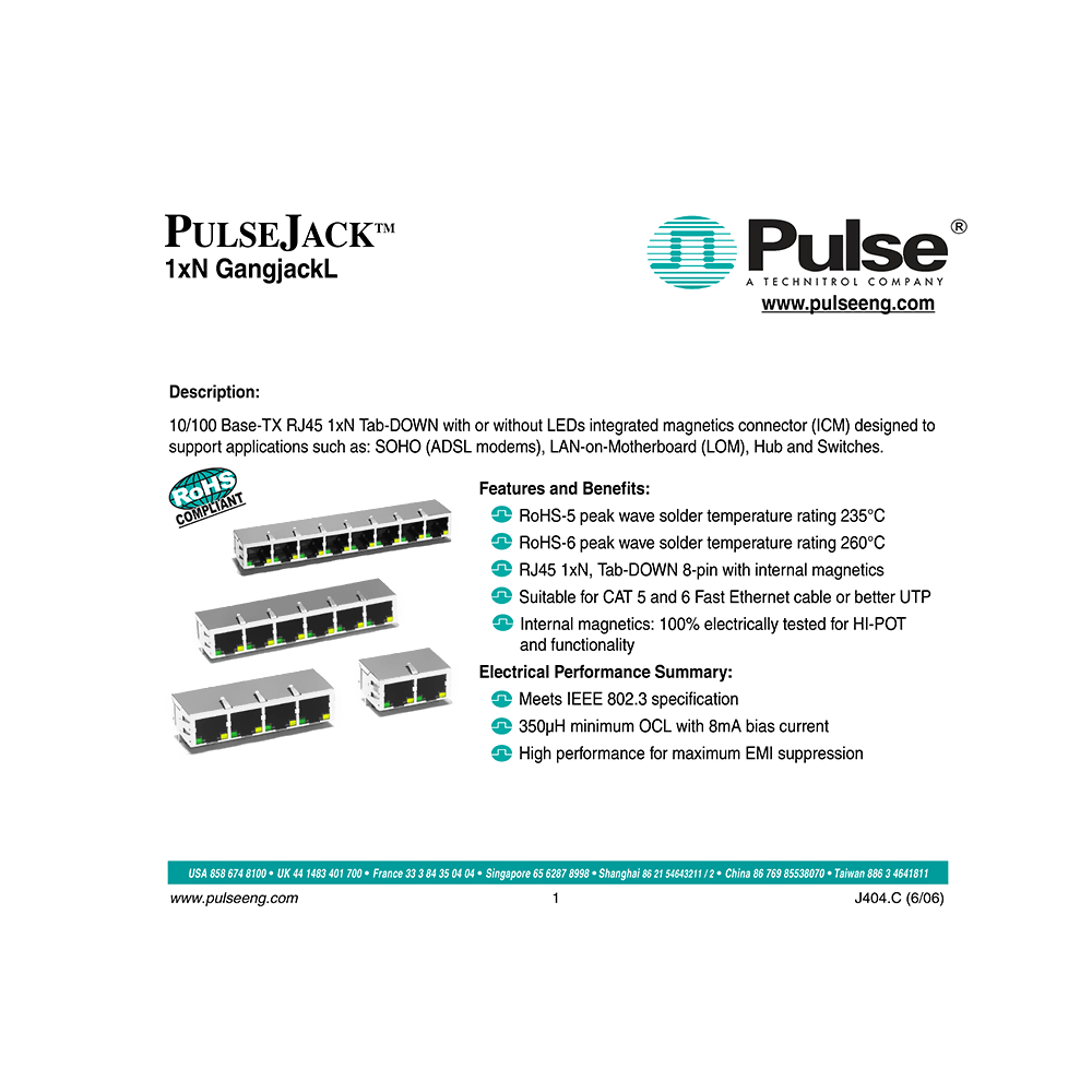 J8064D628A Pulse 10/100 Base-TX RJ45 8-pin Integrated Magnetics Connector Data Sheet