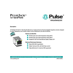 JP006821UNL Pulse 10/100 Base-TX RJ45 6-pin Integrated Magnetics Connector Data Sheet