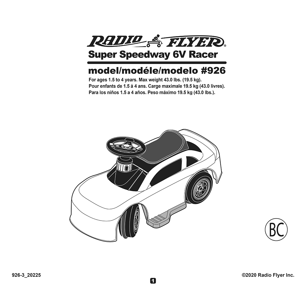 Super Speedway Racer #926 Radio Flyer 6V Ride-On Kids Car Instruction Manual