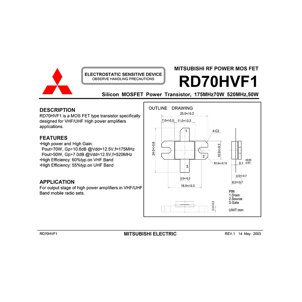 RD70HVF1 Mitsubishi Electric RF Power MOSFET Data Sheet