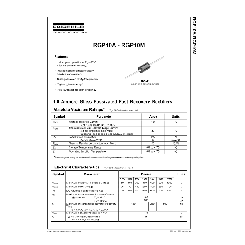 RGP10A Fairchild 1A 50V Fast Recovery Rectifier Data Sheet