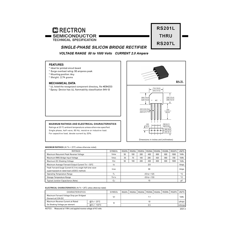 RS201L Rectron 2A 50V Bridge Rectifier Data Sheet