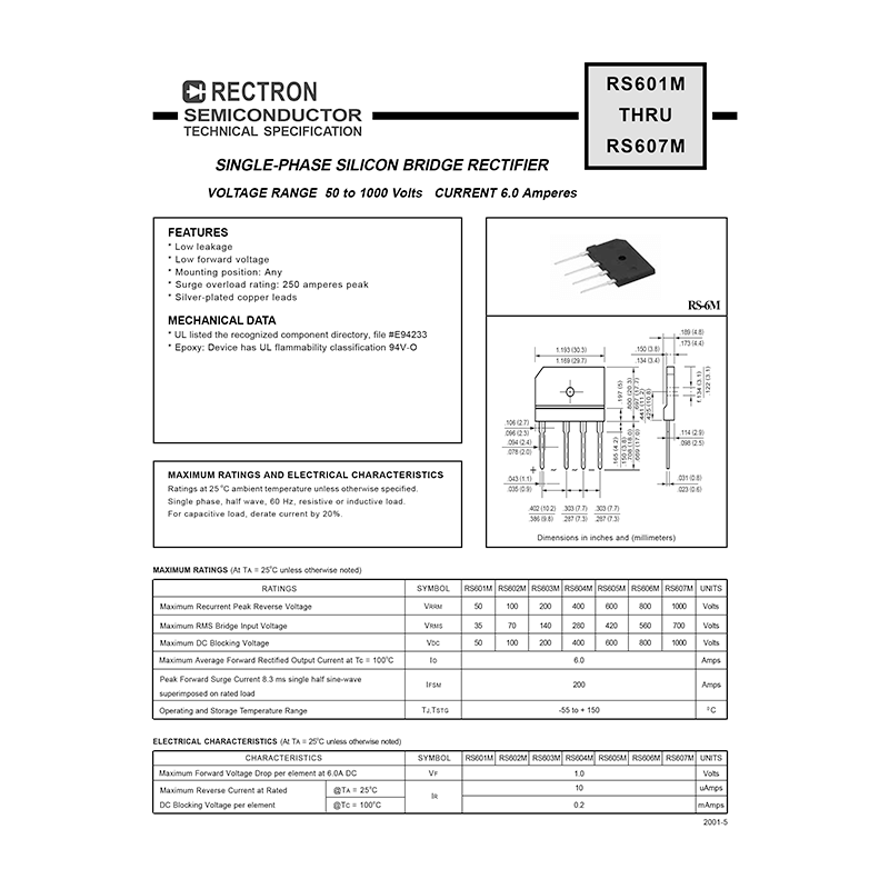 RS601M Rectron 6A 50V Bridge Rectifier Data Sheet