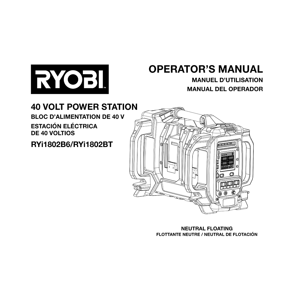 Ryobi RYi1802BT 40V Power Station Operator's Manual