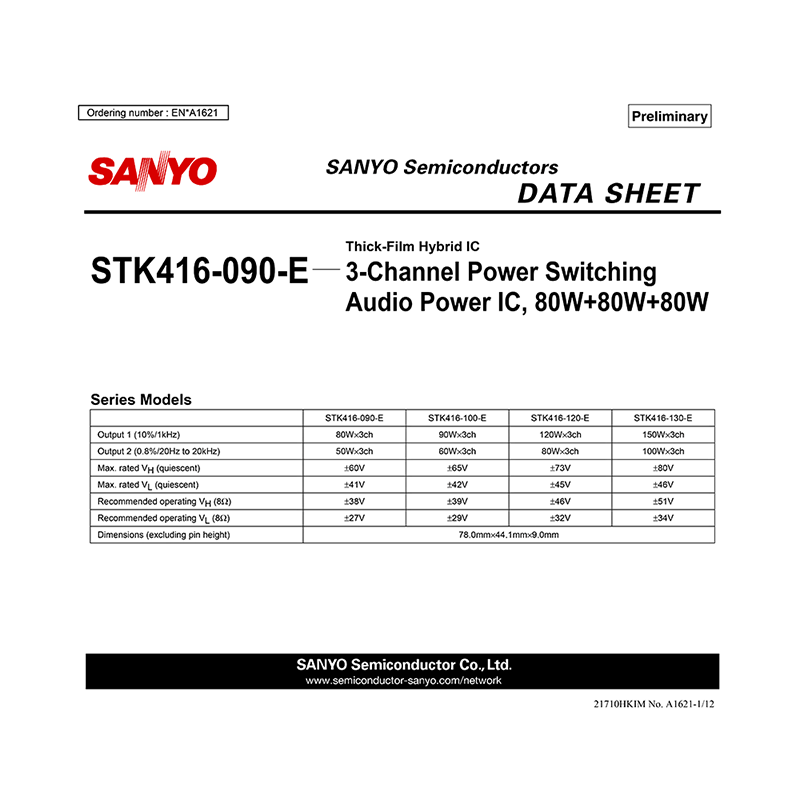 STK416-090-E Sanyo 3-ch Audio Power Amplifier Data Sheet