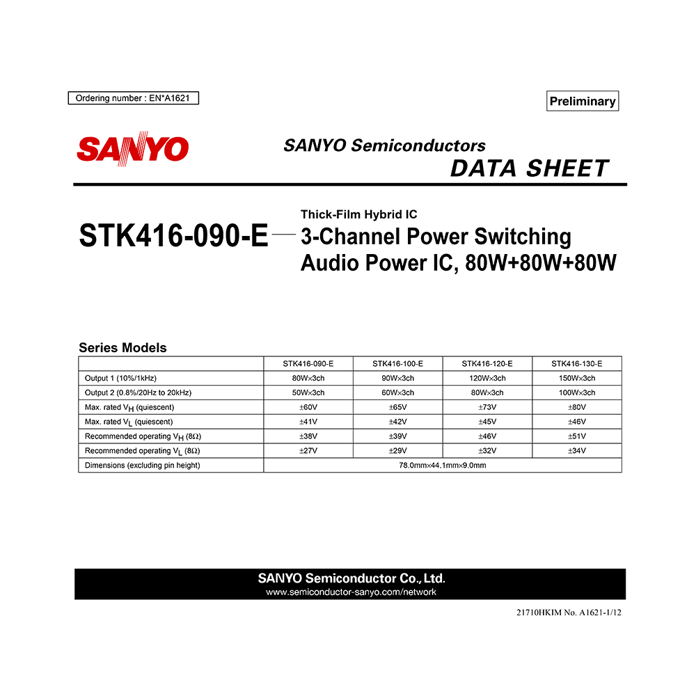 STK416-090-E Sanyo 3-ch Audio Power Amplifier Data Sheet
