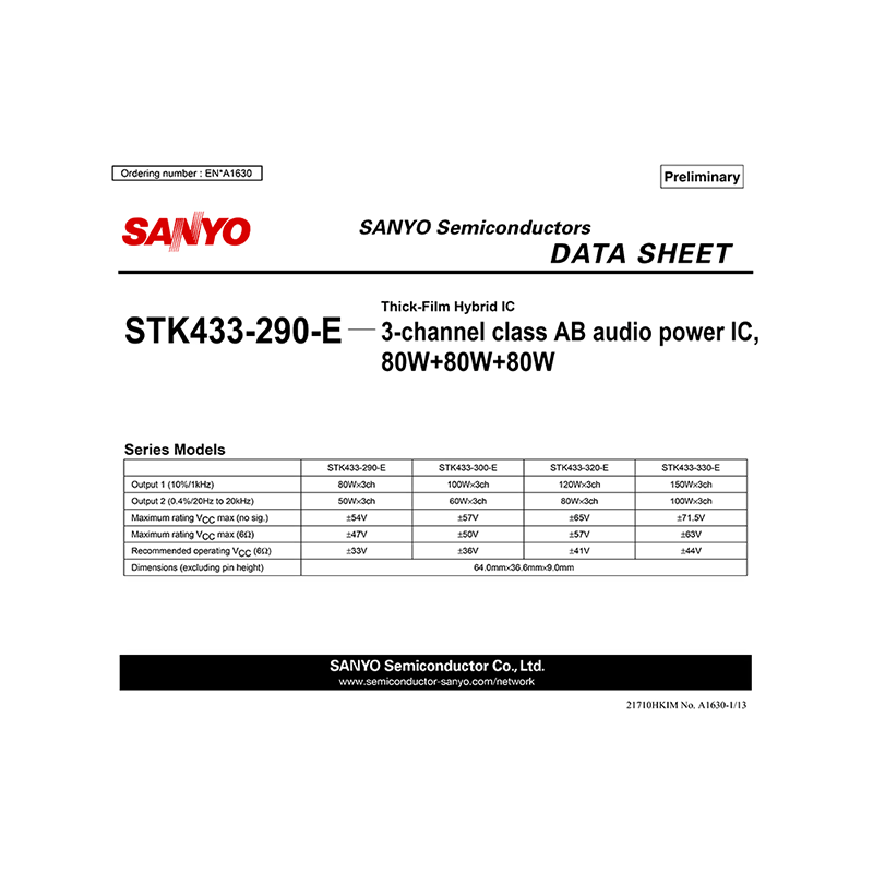 STK433-290-E Sanyo 3-ch class AB Audio Power Amplifier Data Sheet