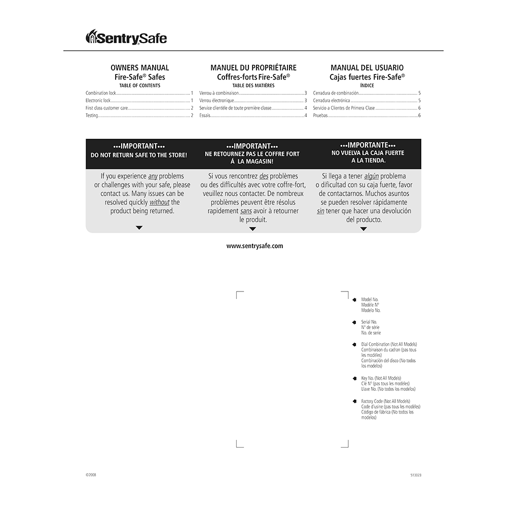 SentrySafe S3507 Safe Owner's Manual