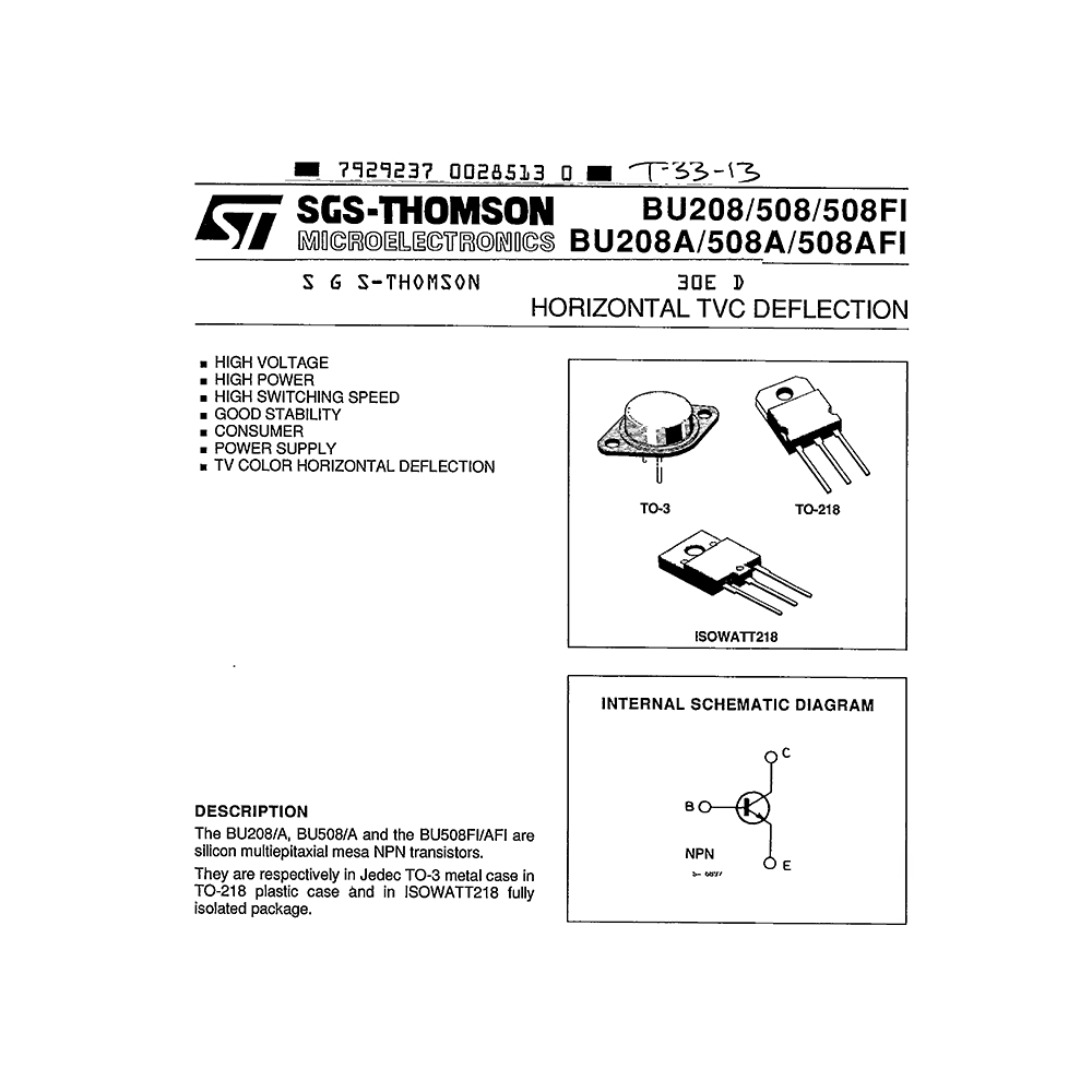 BU208 SGS-Thomson Horizontal TVC Deflection Data Sheet