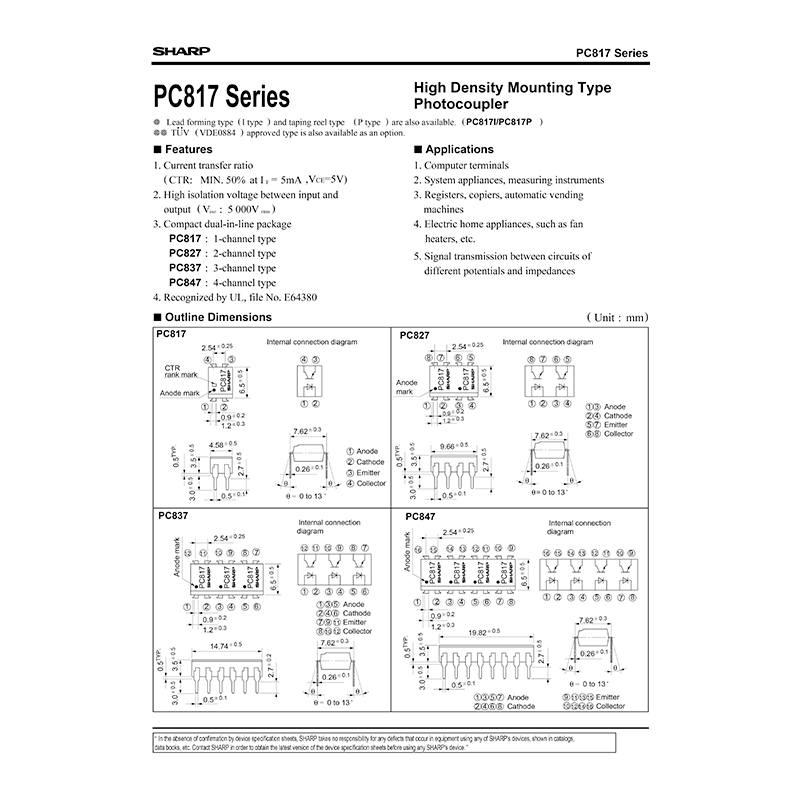 PC847 Sharp 4-channel Photocoupler Data Sheet