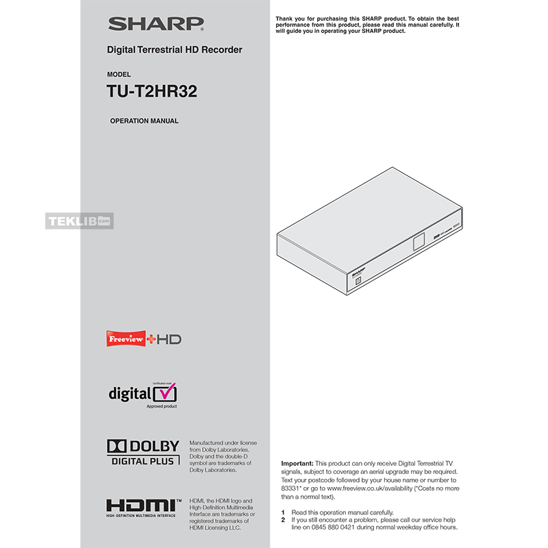 Sharp TU-T2HR32 Freeview+ Digital Terrestrial HD Recorder Operation Manual