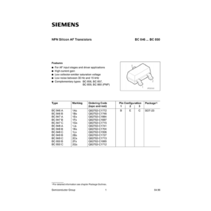 BC846A Siemens SOT-23 NPN Transistor Data Sheet