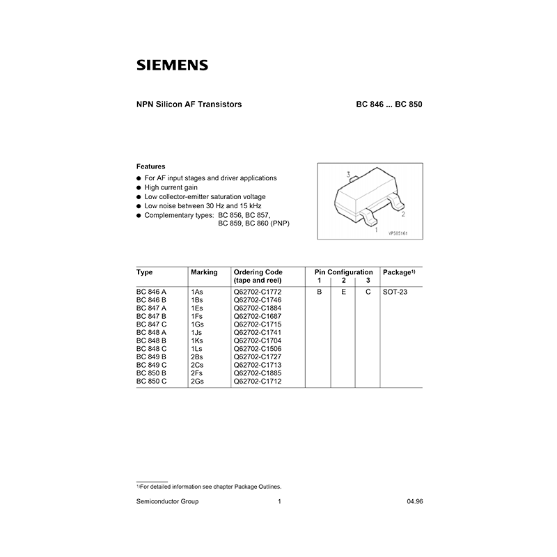 BC846A Siemens SOT-23 NPN Transistor Data Sheet