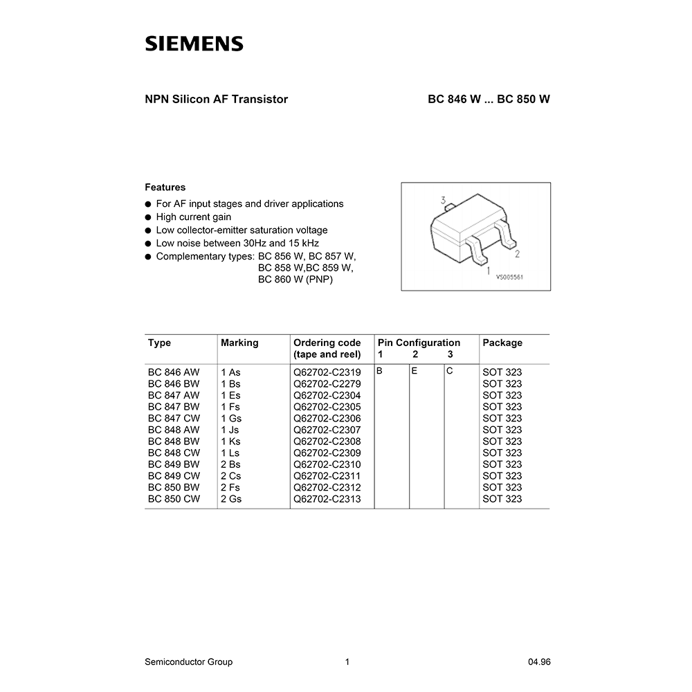 BC846BW Siemens NPN Transistor Data Sheet