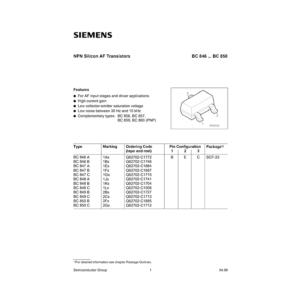 BC847A Siemens SOT-23 NPN Transistor Data Sheet