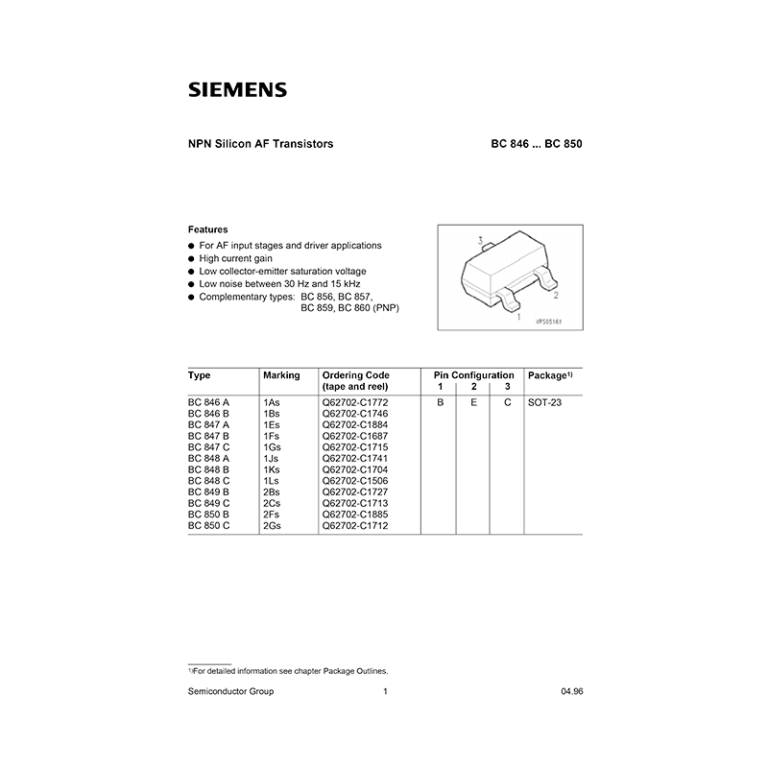 BC847B (SMD marking: 1Fs) Siemens NPN Transistor Datasheet