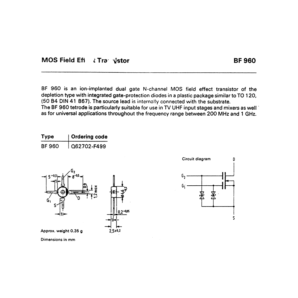 BF960 Siemens Dual Gate N-channel MOS field effect transistor Data Sheet