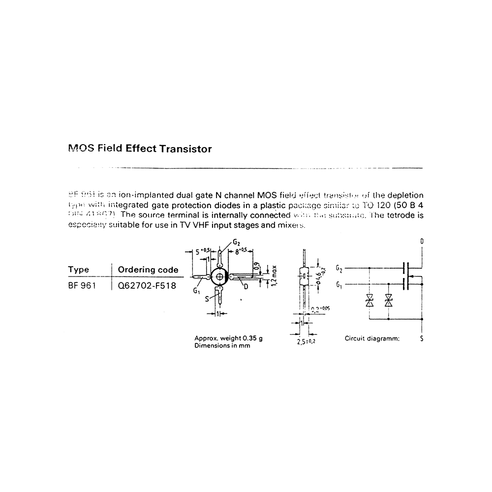 BF961 Siemens Dual Gate N-channel MOS field effect transistor Data Sheet