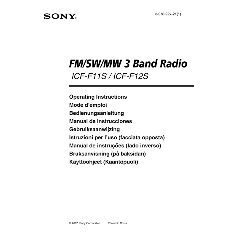 Sony ICF-F11S FM/SW/MW 3 Band Radio Operating Instructions