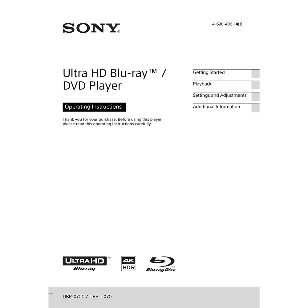 Sony UBP-UX70 Ultra HD Blu-ray / DVD Player Operating Instructions