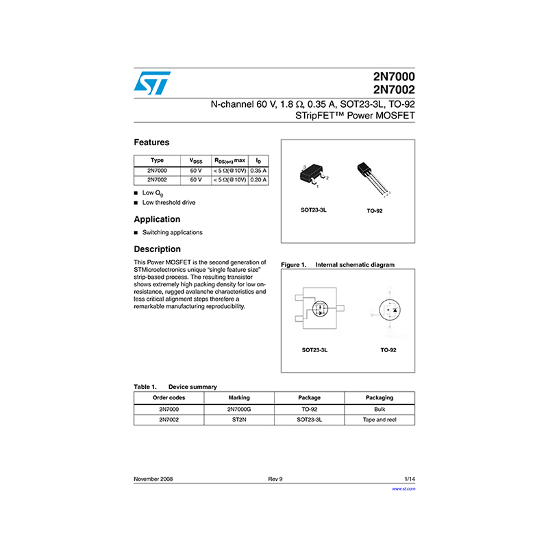 2N7002 ST N-channel 60V STripFET Power MOSFET Data Sheet