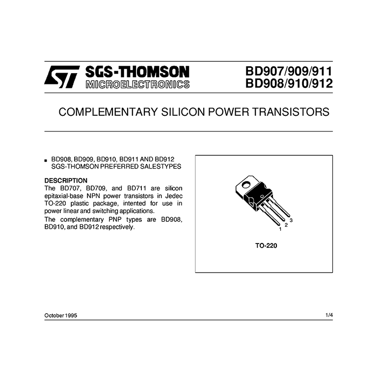 BD910 ST 80V 15A PNP power transistor Datasheet