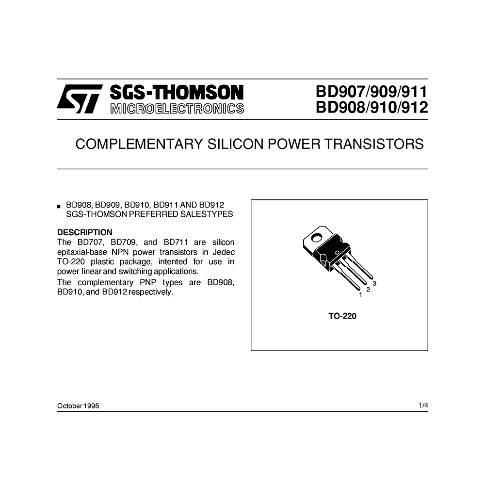 BD910 ST Silicon PNP Power Transistor Data Sheet