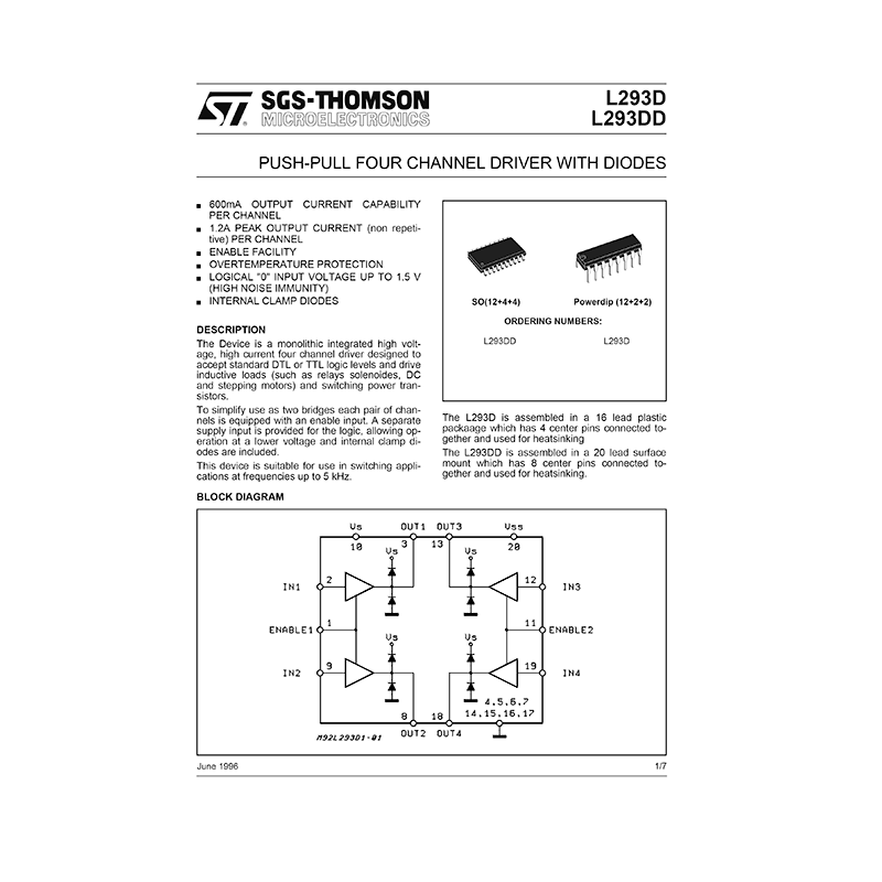 L293D SGS-THOMSON Push-Pull Four Channel Driver Data Sheet