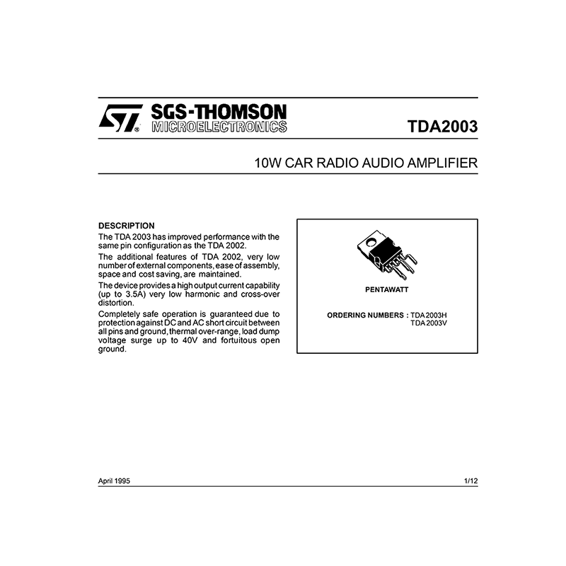 TDA2003 ST 10W Car Radio Audio Amplifier Data Sheet