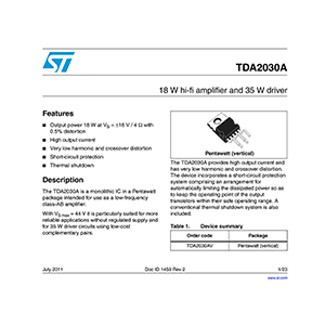 TDA2030A ST 18W Hi-Fi Amplifier - 35W Driver Data Sheet