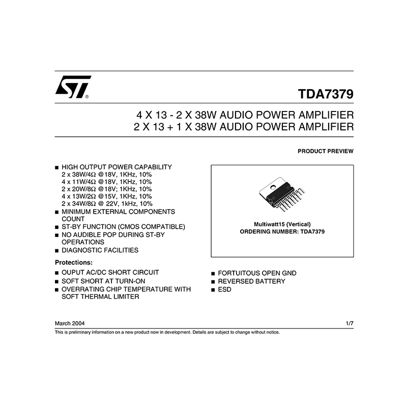 TDA7379 ST Audio Power Amplifier Data Sheet