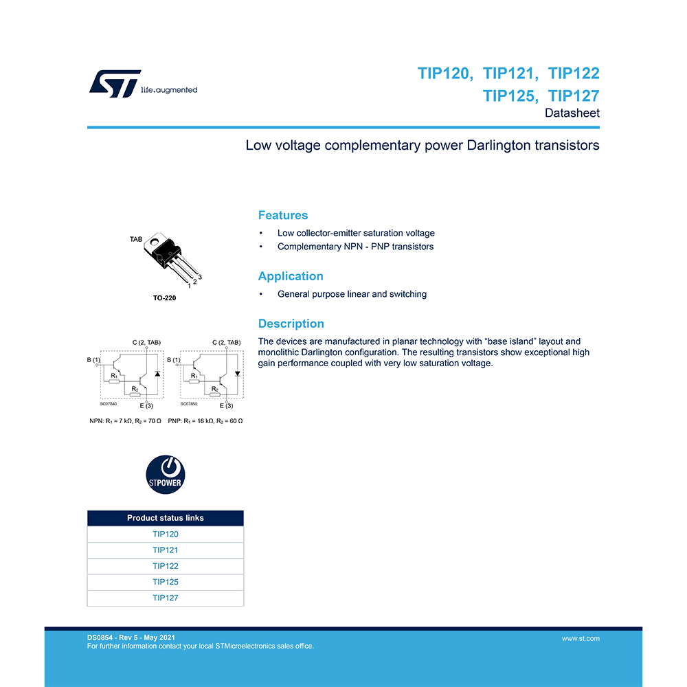 TIP121 ST 5A 80V NPN Darlington Transistor Data Sheet