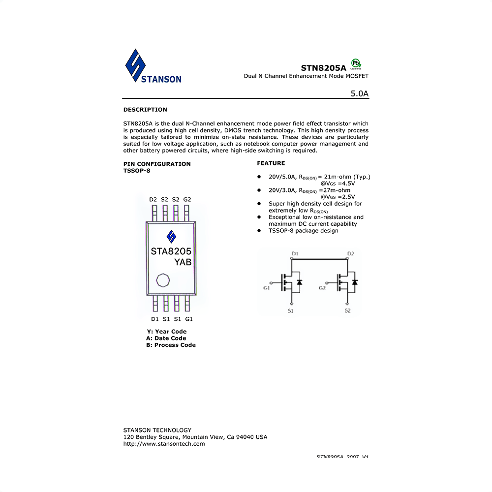 STN8205A Stanson 5A Dual N Channel MOSFET Data Sheet