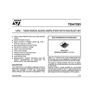 TDA7293 ST 120V - 100W DMOS Audio Amplifier with Mute/ST-BY Data Sheet