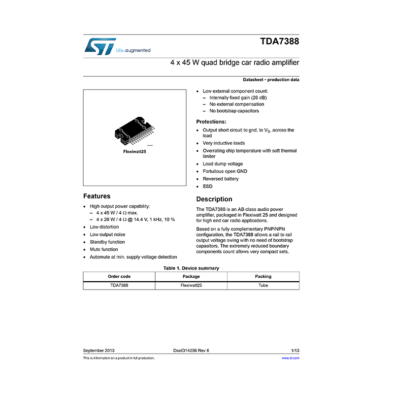 TDA7388 ST 45W Quad Bridge Car Radio Amplifier Data Sheet