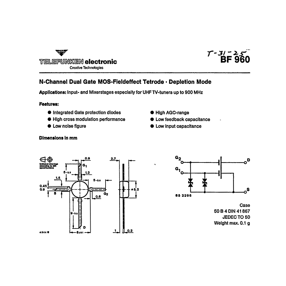 BF960 Telefunken Dual Gate N-channel MOS field effect transistor Data Sheet