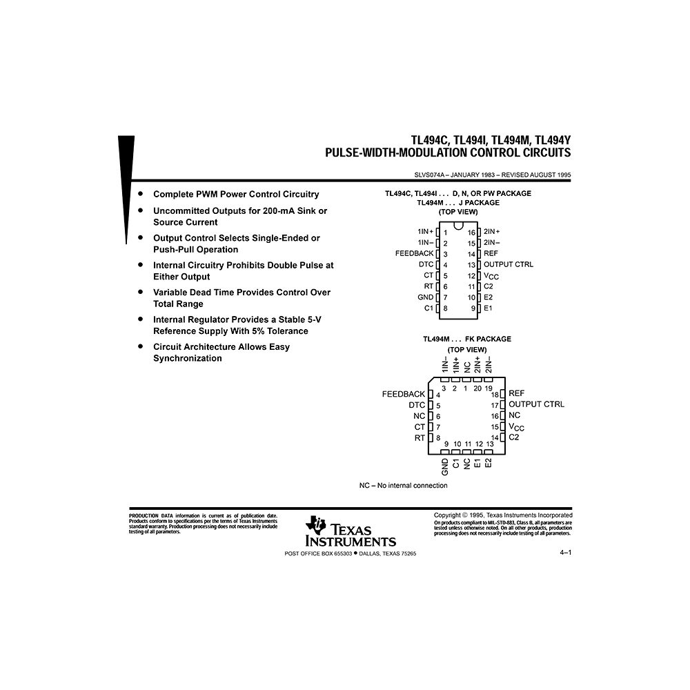 TL494C Texas Instruments Pulse-Width-Modulation Control Circuit Data Sheet