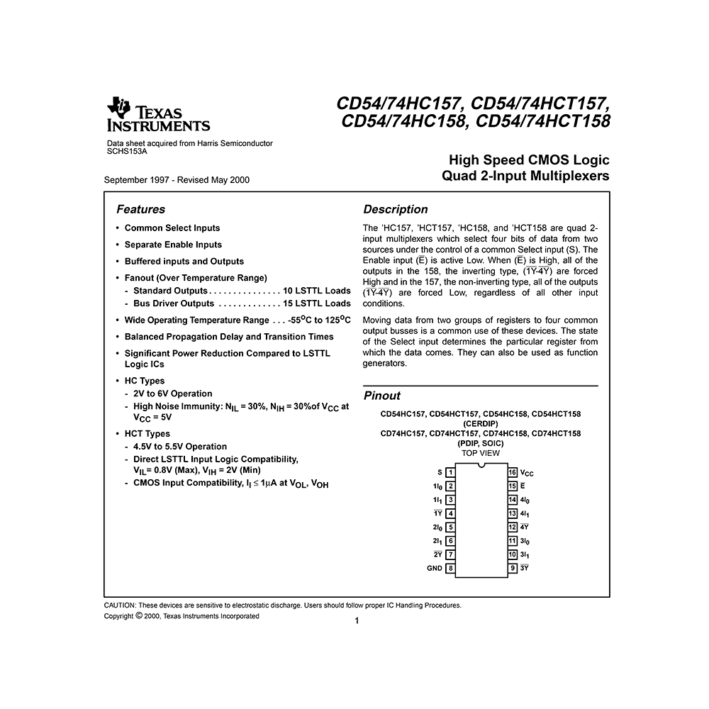 CD54HC157 TI Quad 2-Input Multiplexer Data Sheet