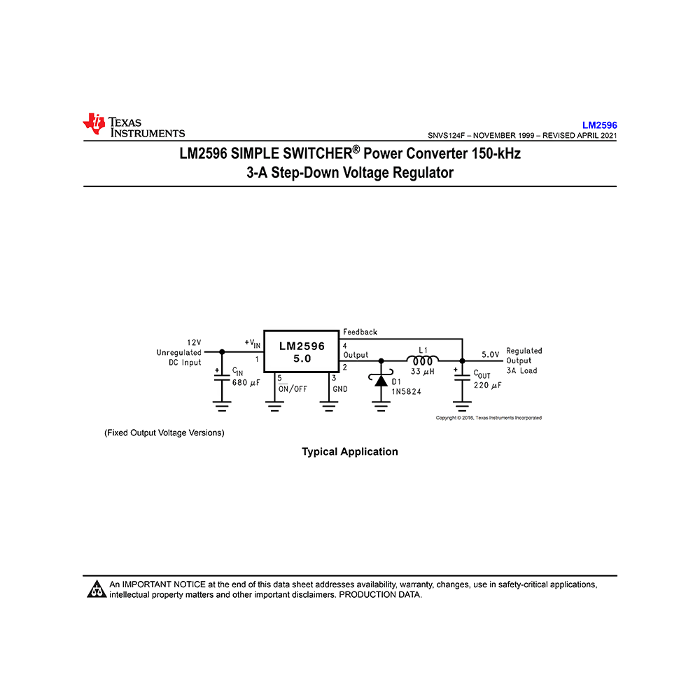 LM2596 TI 3A Step-Down Voltage Regulator Data Sheet
