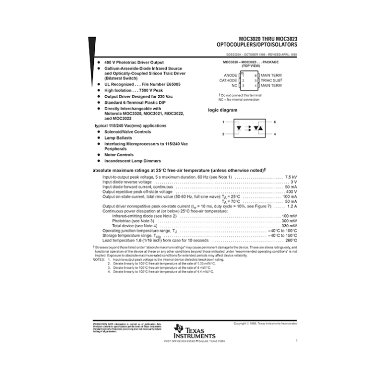 MOC3022 TI Optocoupler / Optoisolator Datasheet