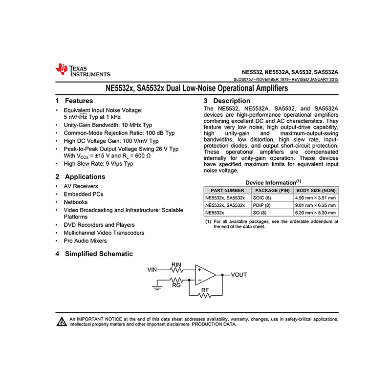 NE5532 NE5532A TI Dual Operational Amplifier Data Sheet