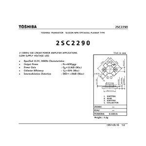 2SC2290 Toshiba Silicon NPN Epitaxial Planar Type Transistor Data Sheet