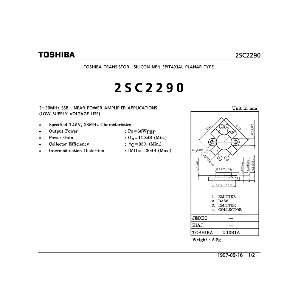 2SC2290 Toshiba Silicon NPN Epitaxial Planar Type Transistor Data Sheet
